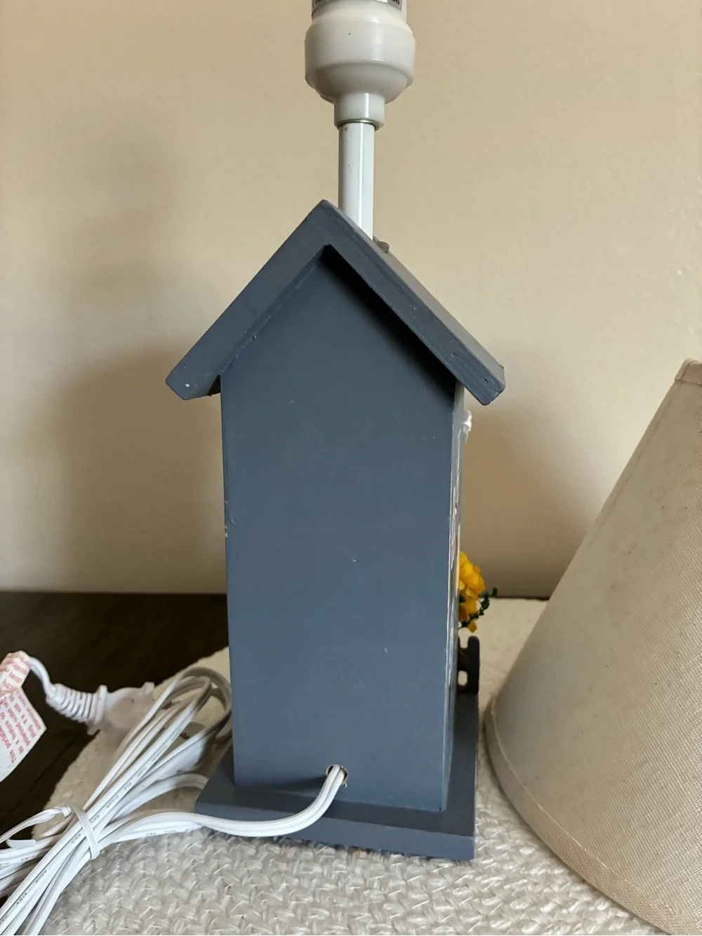 Handcrafted Gray Birdhouse Table Lamp with Cream Shade